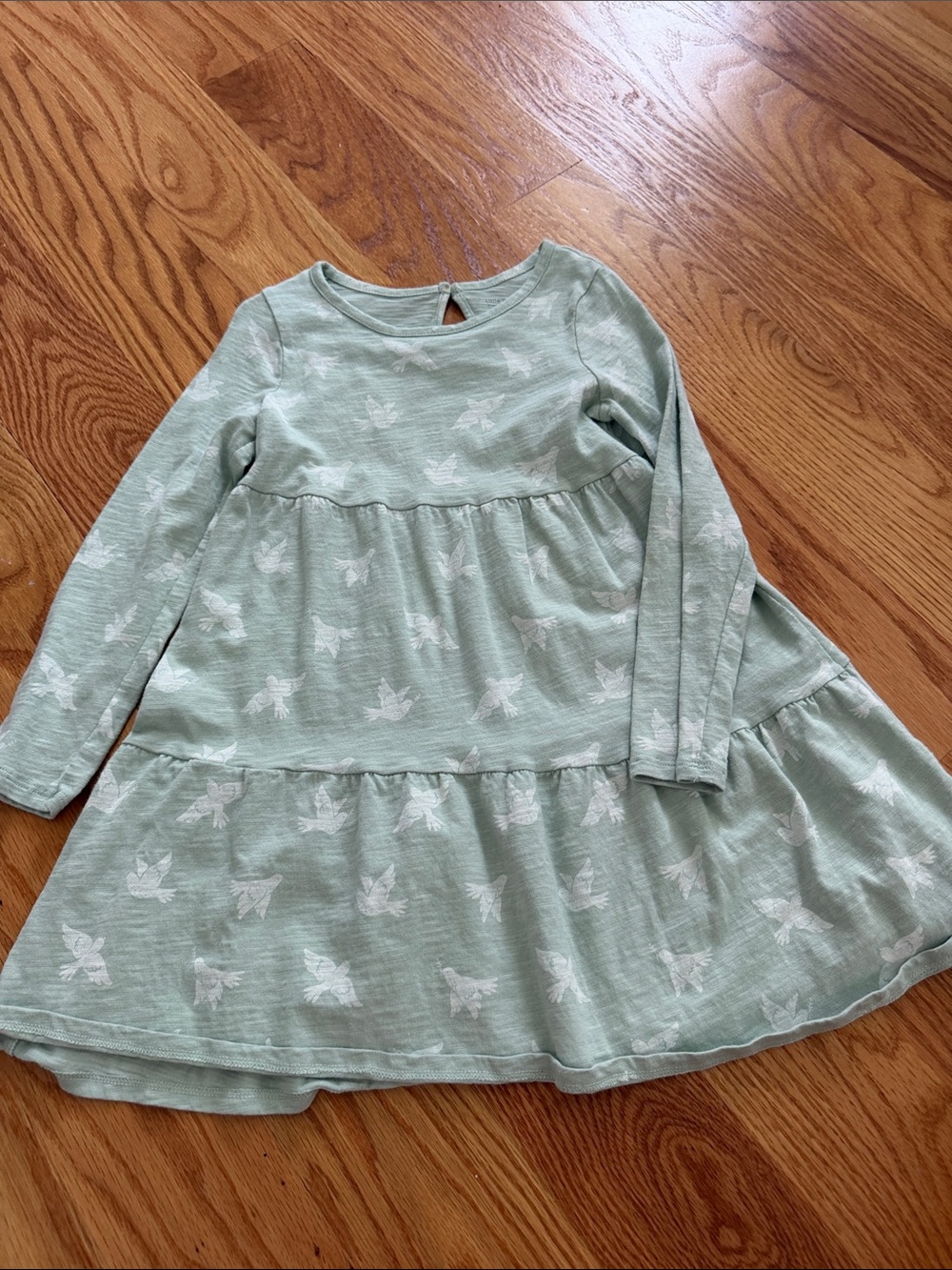 Girls' Sage Green Tiered Long-Sleeve Dress with White Bird Print
